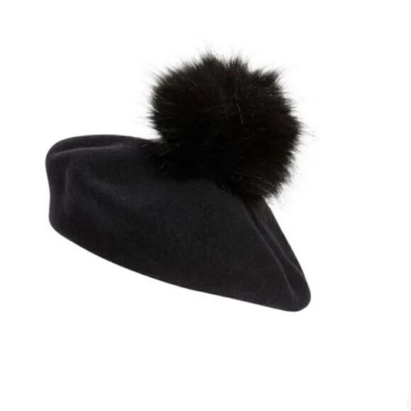 NWT KYI KYI WOMENS WOOL BERET WITH FAUX FUR POM - Picture 1 of 10